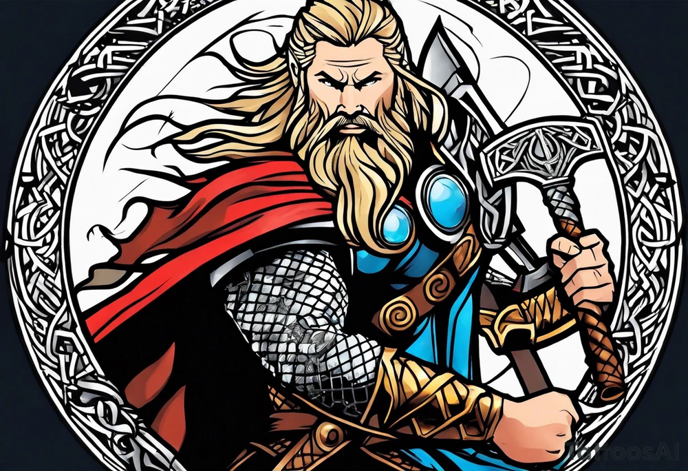 Thor in color with him holding mjolnir and a vignette of viking rune design tattoo idea