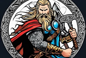 Thor in color with him holding mjolnir and a vignette of viking rune design tattoo idea