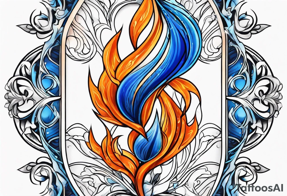 Blue and orange flame that has a half square thin line border. Twin flame symbol tattoo idea