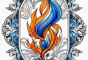 Blue and orange flame that has a half square thin line border. Twin flame symbol tattoo idea