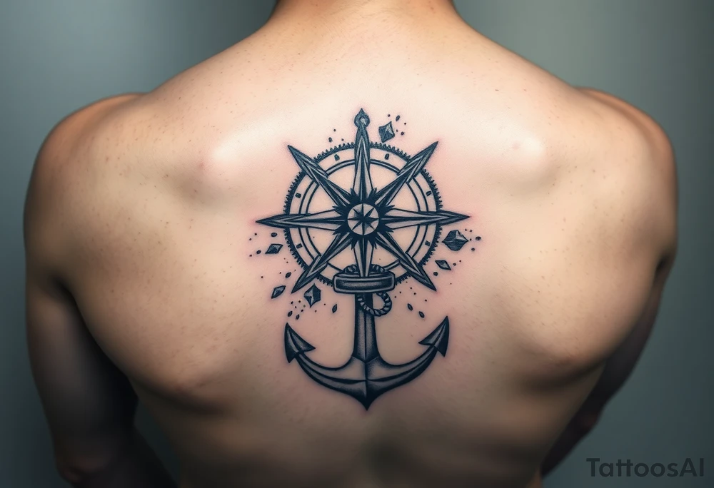Compass rose with an anchor at the bottom and shattered 
Watercolor background tattoo idea