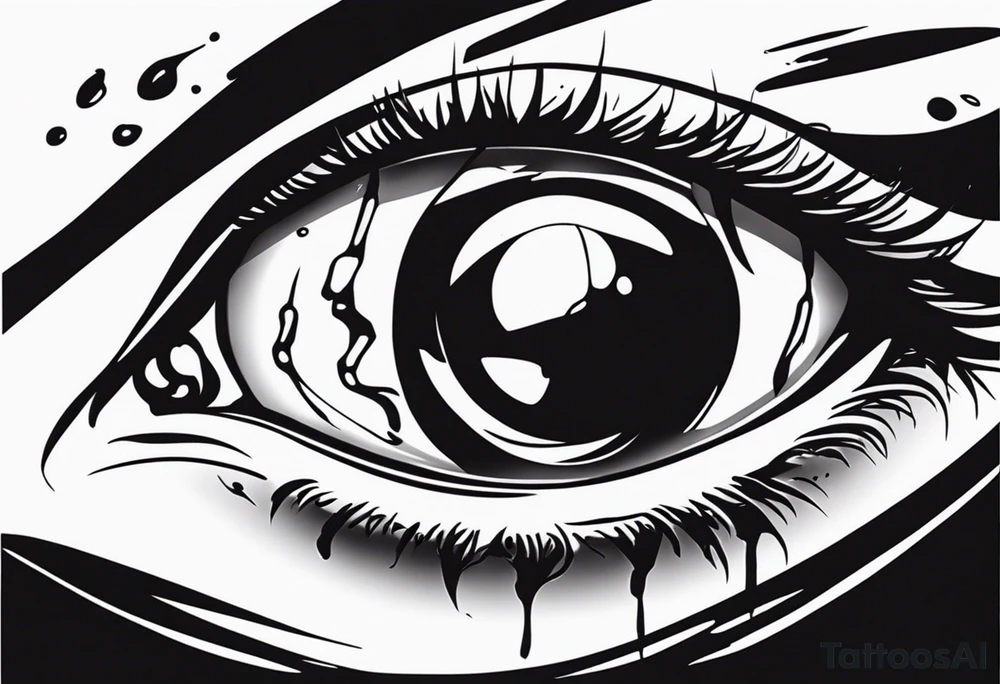 A realistic human eye crying tears of blood with a reflection of two black shadows or people holding guns at two wounded people on the floor tattoo idea