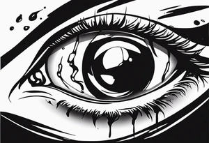A realistic human eye crying tears of blood with a reflection of two black shadows or people holding guns at two wounded people on the floor tattoo idea