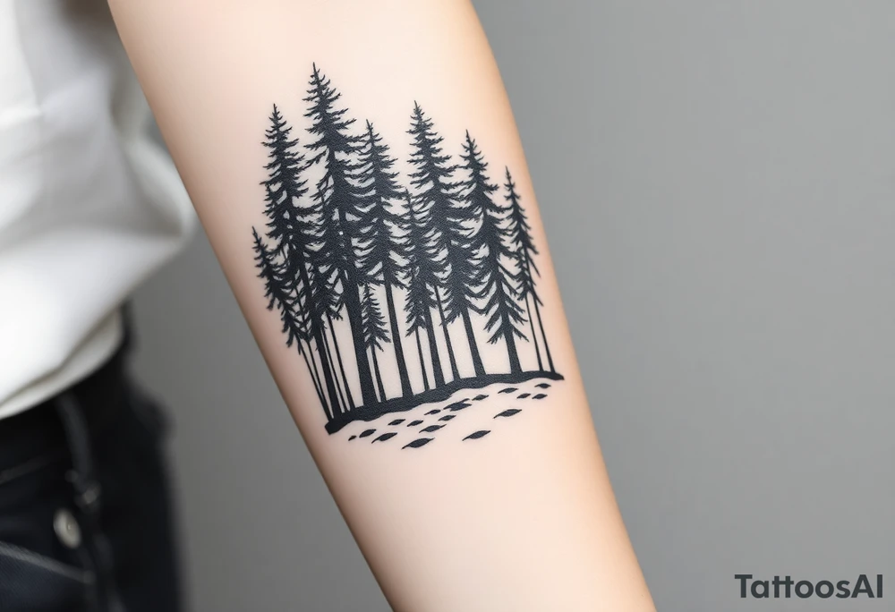 Densely wooded area full of tall pine trees growing from a black ground tattoo idea
