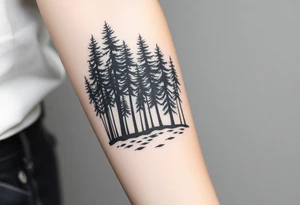 Densely wooded area full of tall pine trees growing from a black ground tattoo idea