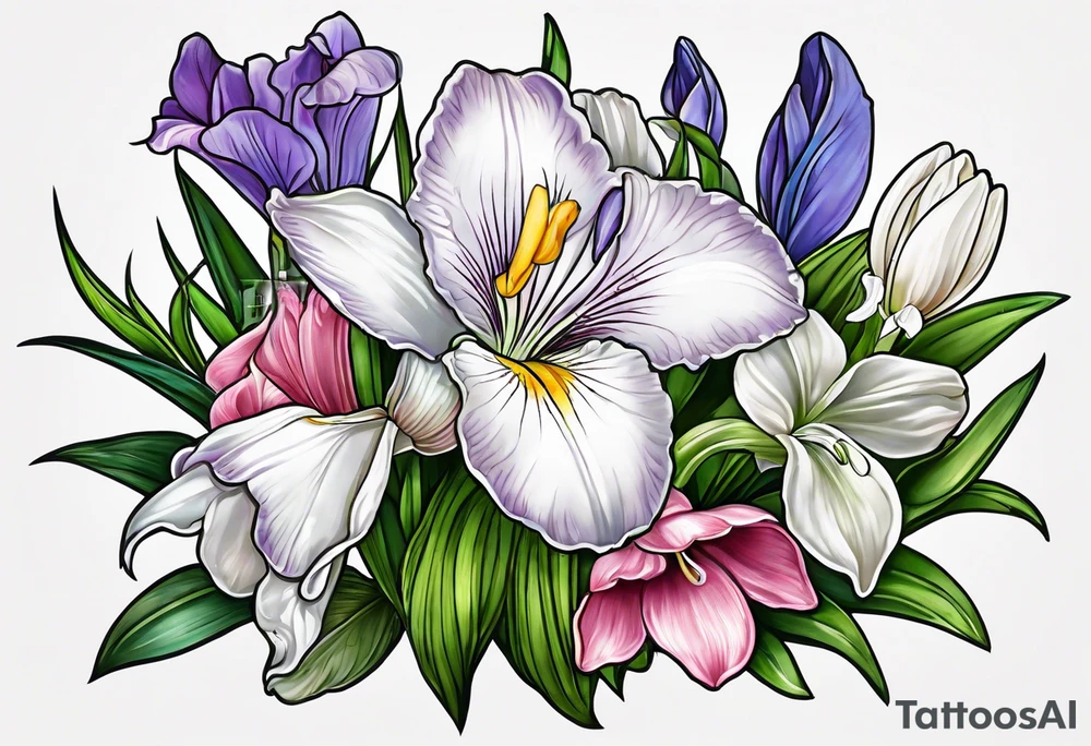 i want a bouquet of flowers that include a snowdrop, iris, cherry blossom, daisy and morning glory tattoo idea
