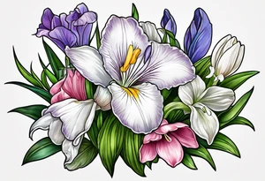 i want a bouquet of flowers that include a snowdrop, iris, cherry blossom, daisy and morning glory tattoo idea