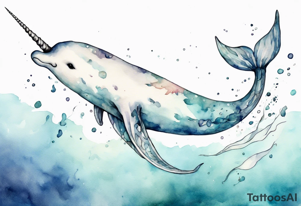 a melancholy watercolor painting of a realistic white narwhal swimming tattoo idea