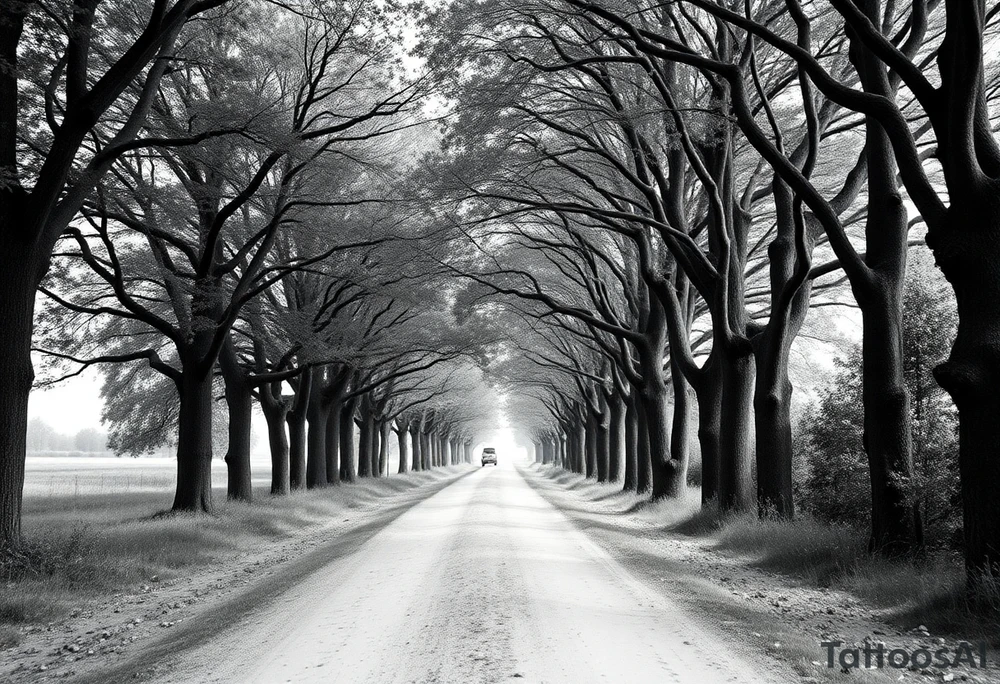 Tree-lined dirt road. Road is rough, little shoulder. Deciduous trees arch across it, meeting in the middle. 

Road should be rougher, more rural. Branches start lower. The trees in the foreground should be bigger — perspective has road getting smaller. 

Make the trees leafier. Branches begin lower on the trunk. 

Much leafier trees. Summer. Can’t see much behind the trees tattoo idea