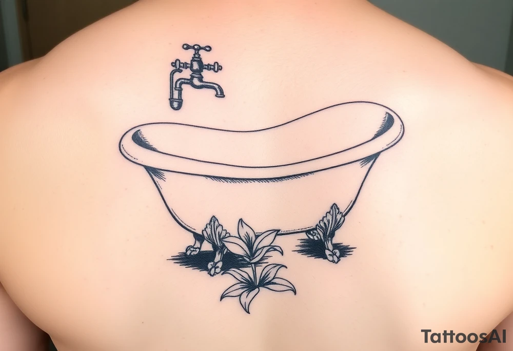 clawfoot bathtub with faucet and lily coming up out the floor tattoo idea