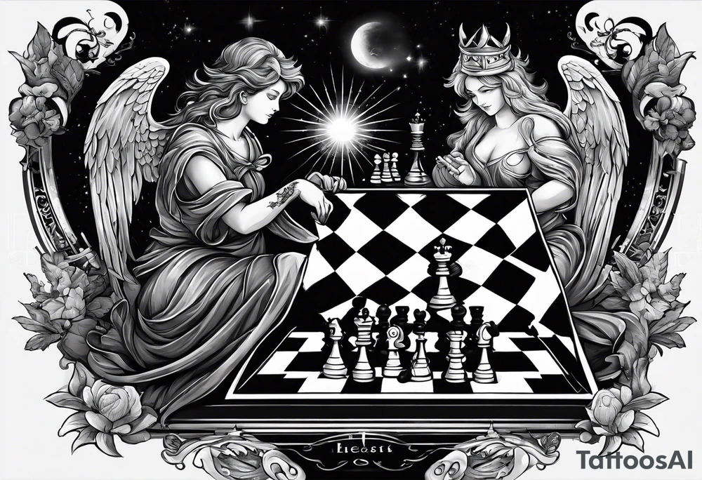 Depict an angel and devil engaged in a chess game, with the chessboard reflecting the cosmic battleground between good and evil, symbolizing the strategic nature of the eternal conflict. tattoo idea