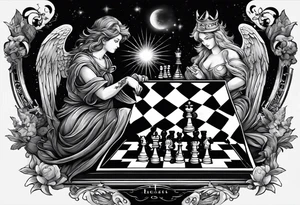 Depict an angel and devil engaged in a chess game, with the chessboard reflecting the cosmic battleground between good and evil, symbolizing the strategic nature of the eternal conflict. tattoo idea