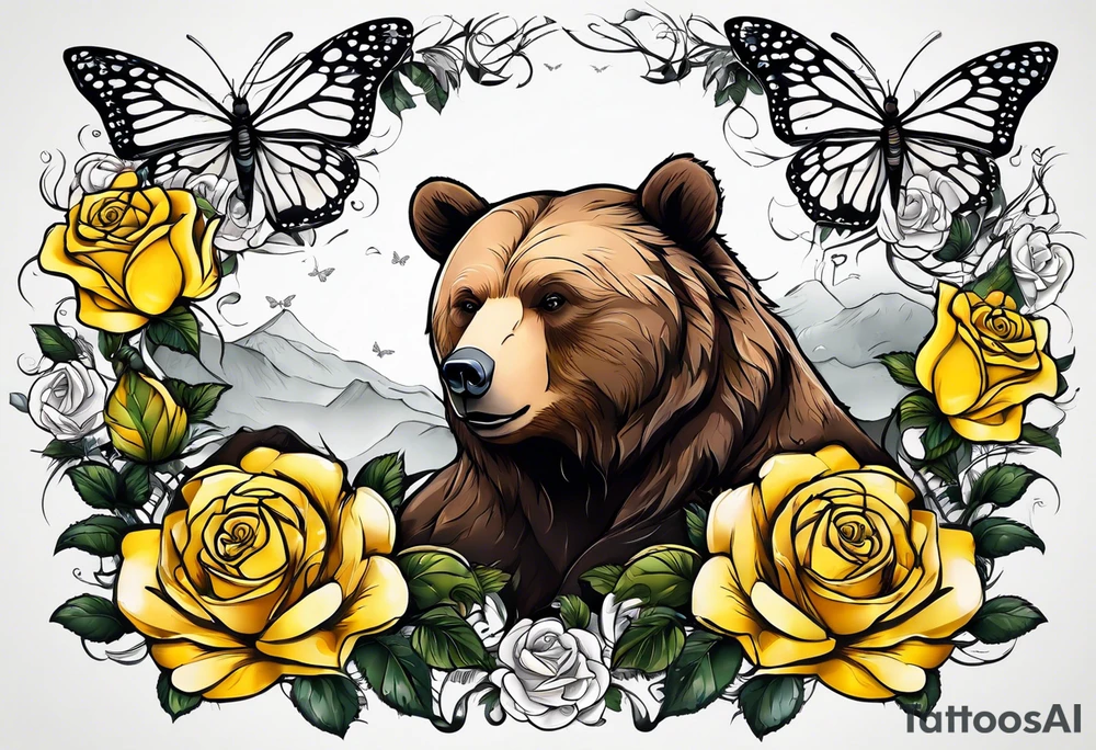 Bear under the tree of life with yellow roses and three butterflies for an upper arm tattoo. tattoo idea