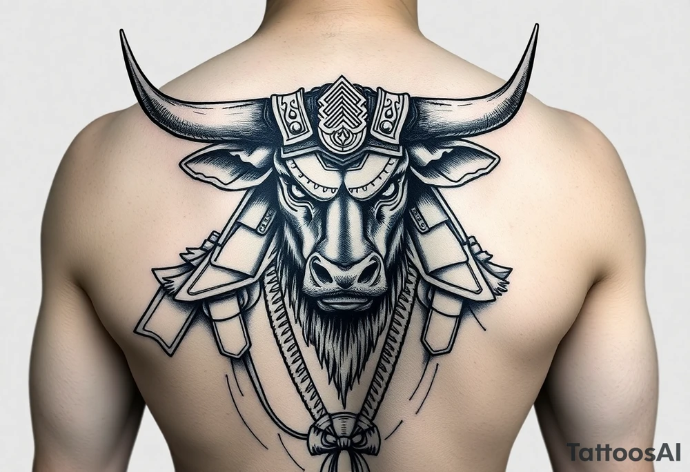 ox dressed up as masculine samurai warrior tattoo idea