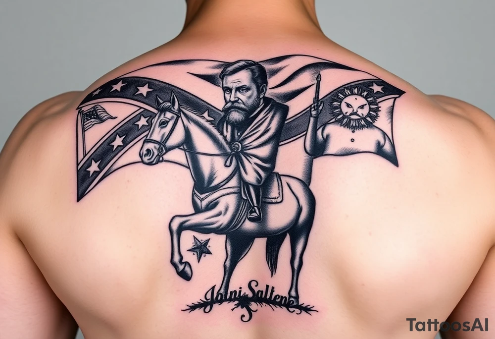 Confederate flag with a portrait of stonewall Jackson on a horse add in a battle scene with confederate soldiers winning & Jefferson Davis on one side tattoo idea