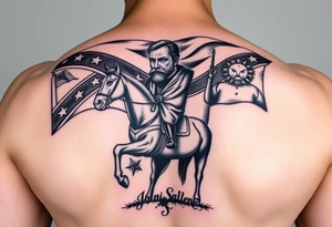 Confederate flag with a portrait of stonewall Jackson on a horse add in a battle scene with confederate soldiers winning & Jefferson Davis on one side tattoo idea