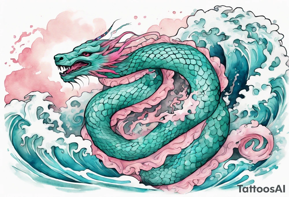 a gentle turquoise and pink Falkor serpent hybrid emerging from the stormy sea tattoo idea