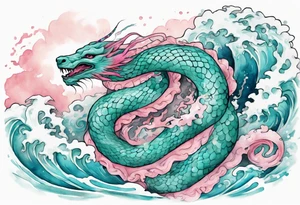 a gentle turquoise and pink Falkor serpent hybrid emerging from the stormy sea tattoo idea