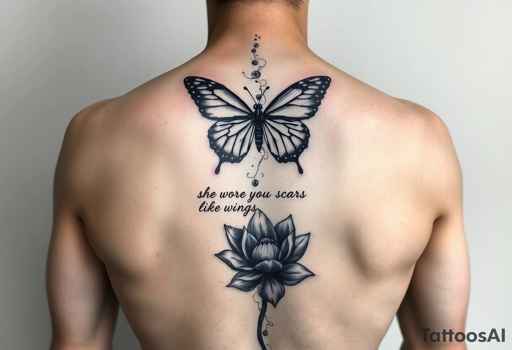 butterfly with cracked wings and lotus flower with quote that says “she wore her scars like wings” all down spine but very elegant towards lower back and small tattoo idea