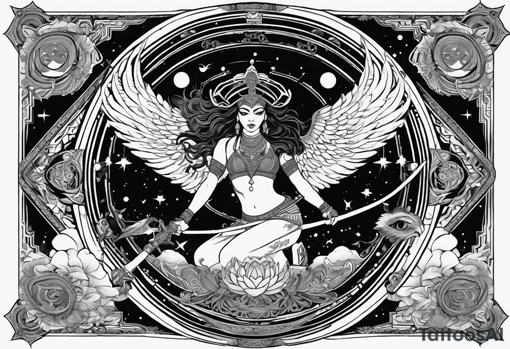 black kali, goddess pirate, alien, angel, pachamama, valkrye, warrior, flying, skull, lotus azul, wing, eagle, zenza resonance, stars, 5D, anahata chakra, death, durga, riding on a tiger, flying lady tattoo idea
