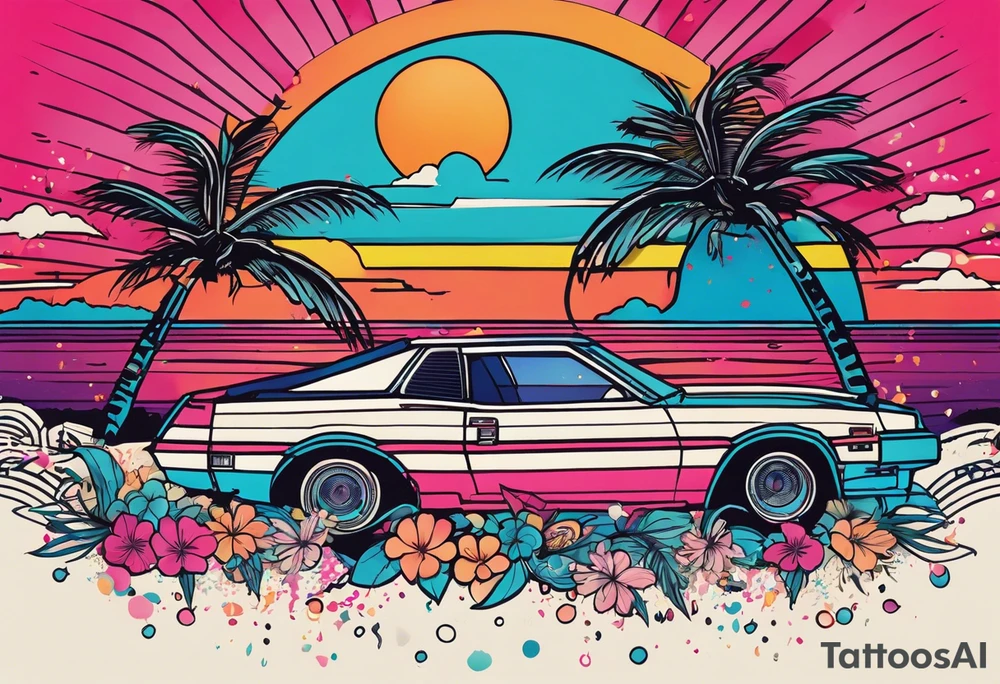 1980's miami vice style beach dance 
party, include confetti, music notes, boom box, bikinis sunset in the center tattoo idea
