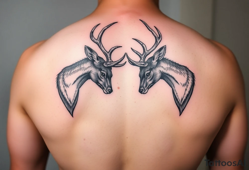 Entire Full body Two deer with their heads down hitting horns to show dominance. tattoo idea