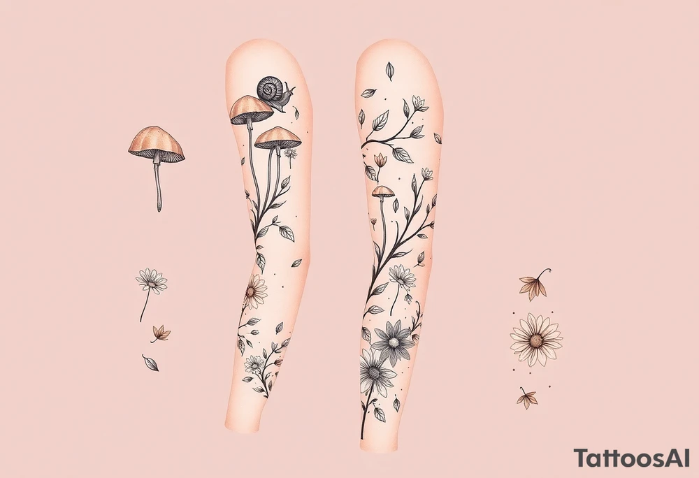 Fall themed sleeve with mushrooms, a snail, some falling leaves off tree branches, falling rain, and fall themed flowers as background filler tattoo idea