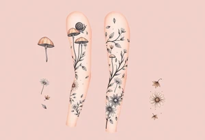 Fall themed sleeve with mushrooms, a snail, some falling leaves off tree branches, falling rain, and fall themed flowers as background filler tattoo idea