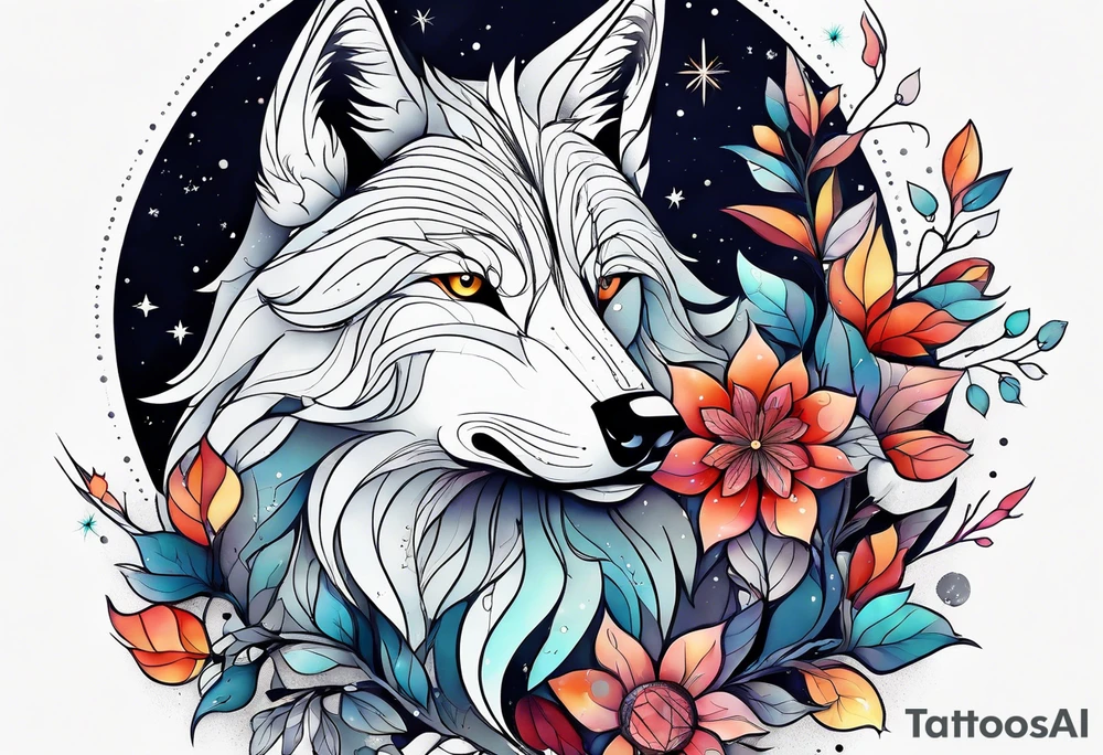 Constellation, animal wolf snow , géométric , flower tattoo idea