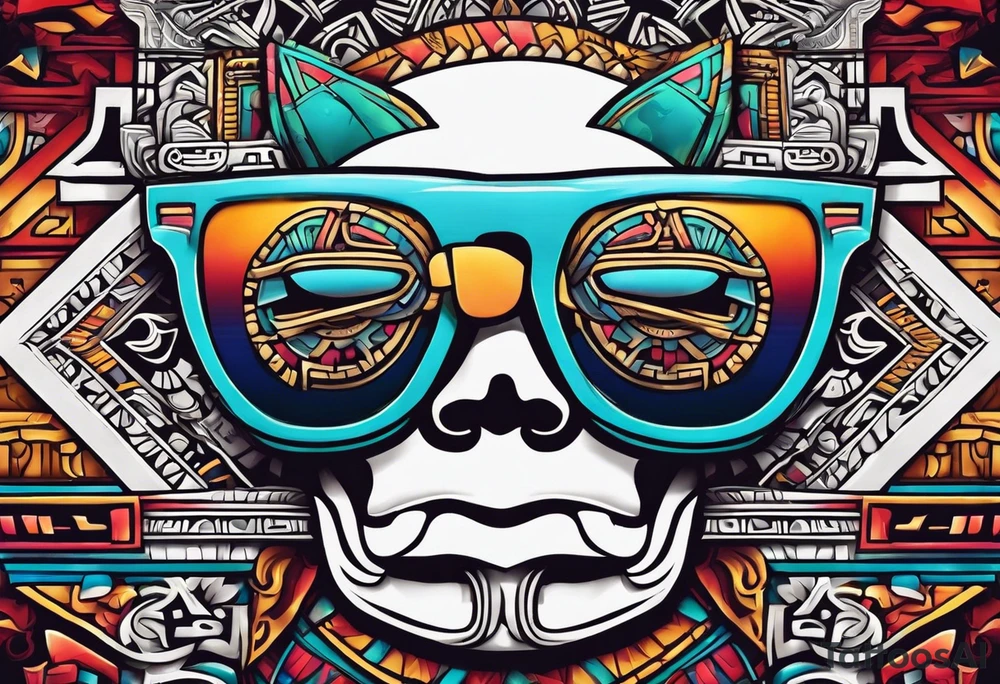 Colorful simple realistic Mayan hieroglyph wearing sunglasses tattoo idea