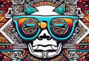 Colorful simple realistic Mayan hieroglyph wearing sunglasses tattoo idea