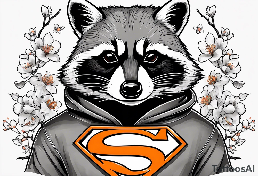 raccoon wearing a black and white Superman hoodie and orange Japanese cherry blossoms tattoo idea