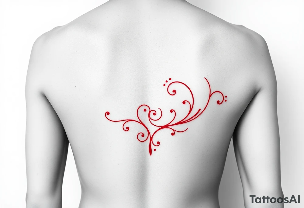 “-... .-. .- . .- .-.. ....... -.. .- .-- --- --- -.. .......” with dainty girly swirl design in red ink on female hip bone front view tattoo idea