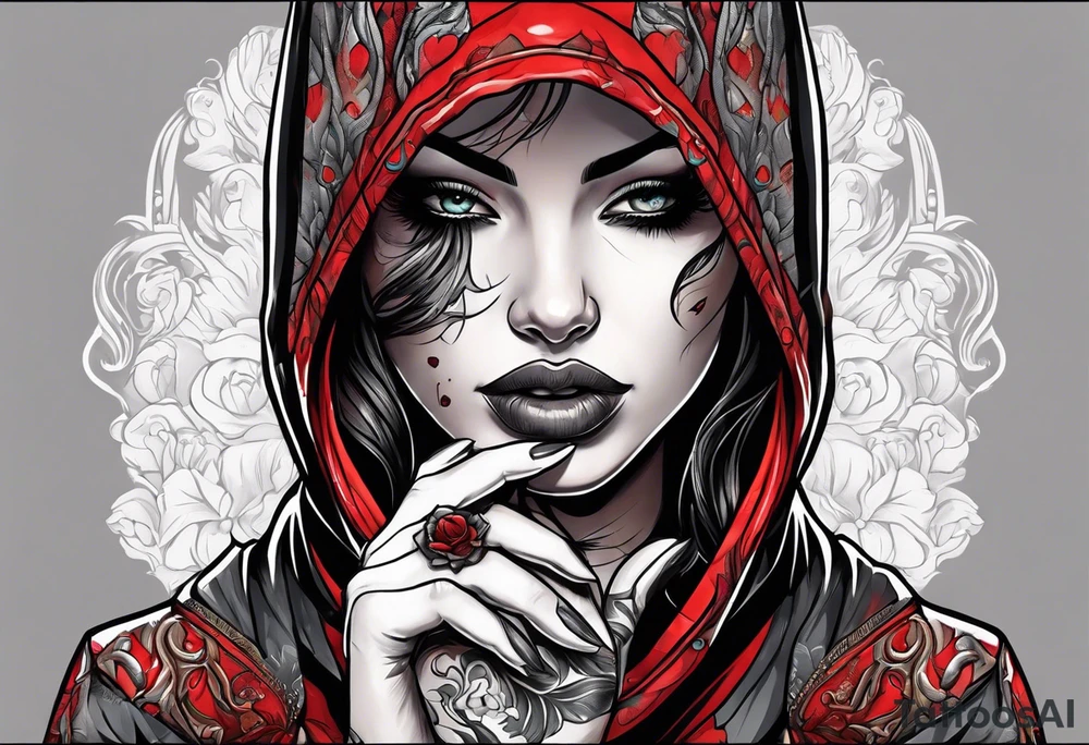 Neo traditional hooded woman blood scars hand with eye in palm tattoo idea
