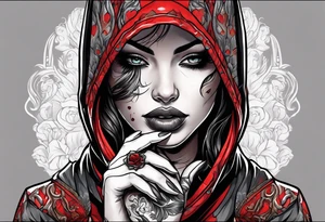 Neo traditional hooded woman blood scars hand with eye in palm tattoo idea