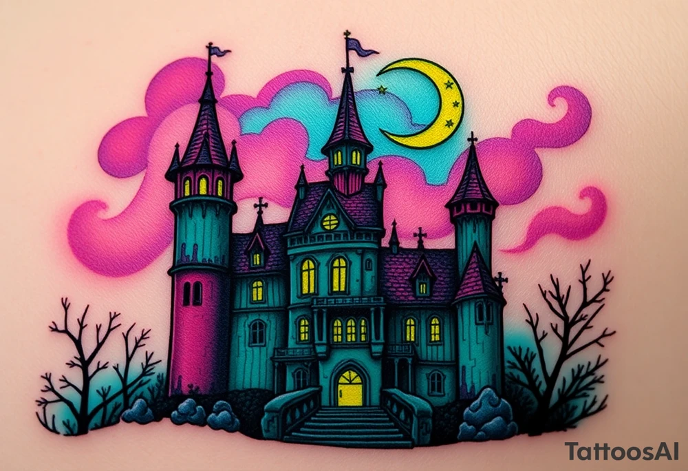 Tim Burton’s disney sleeping beauty’s haunted castle is abandoned and dripping with muted reds, dusty pinks, and eerie green glow.purple and cyan smokey clouds swirl in the crescent moonlit sky thats sprinkled with stars tattoo idea tattoo idea