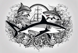 2 nautical style sharks wrapped around the knee no background tattoo idea