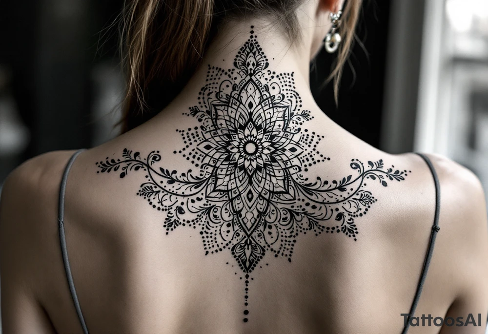 spine tattoo design with symmetrical ornamental patterns, combining dotwork, mandala elements, and flowing lines that follow the natural curves of the body. The design is intricate and balanced.” tattoo idea