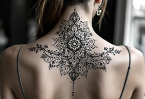 spine tattoo design with symmetrical ornamental patterns, combining dotwork, mandala elements, and flowing lines that follow the natural curves of the body. The design is intricate and balanced.” tattoo idea