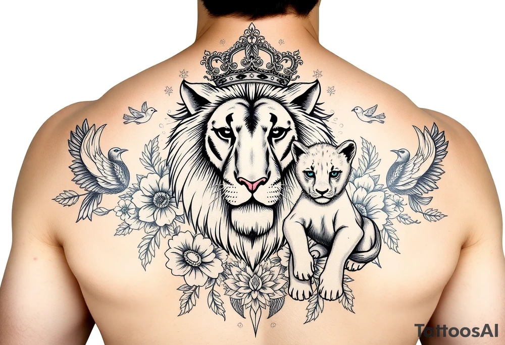 powerful majestic lion and cub with a crown, surrounded by floral ornaments and birds tattoo idea