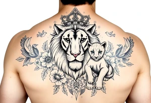 powerful majestic lion and cub with a crown, surrounded by floral ornaments and birds tattoo idea