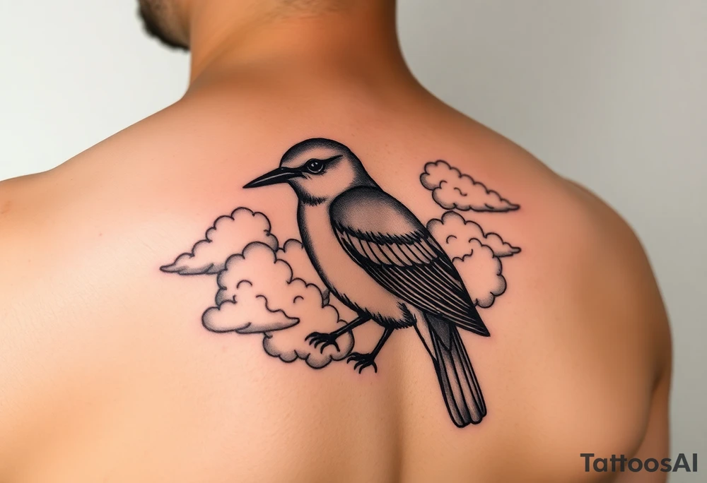 Kentucky bluebird with realistic clouds tattoo idea