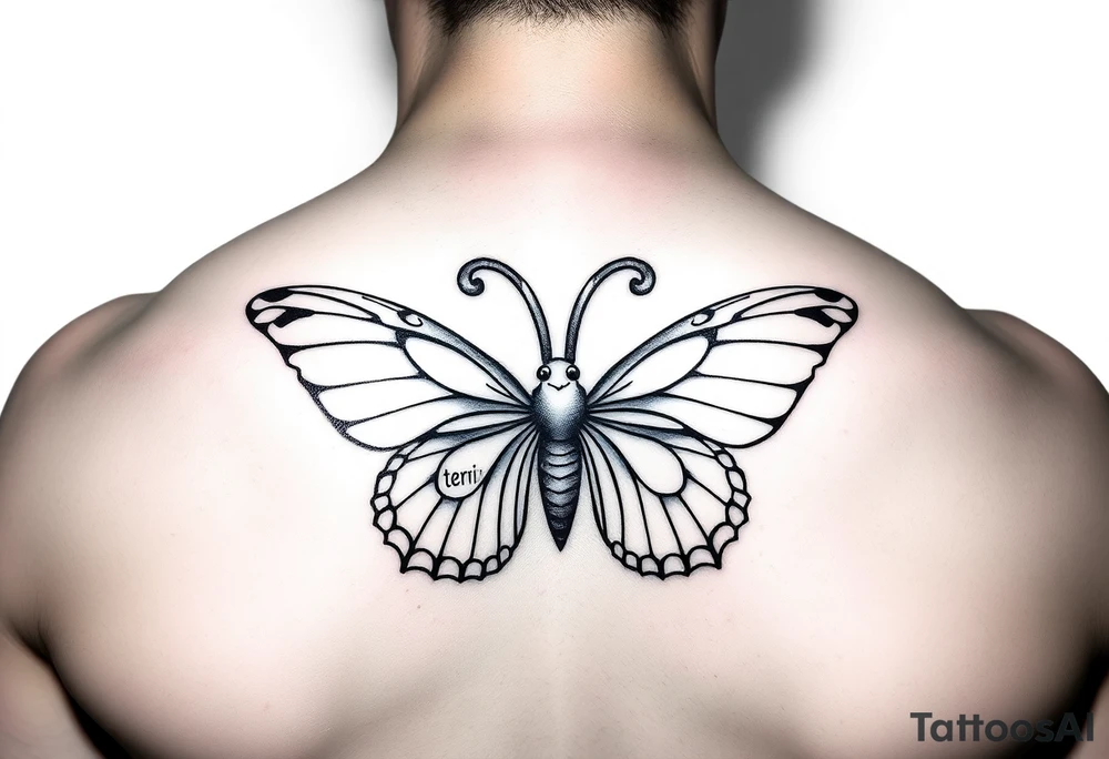 aries zodiac sign turned into a butterfly with the names terri and justo incorporated tattoo idea