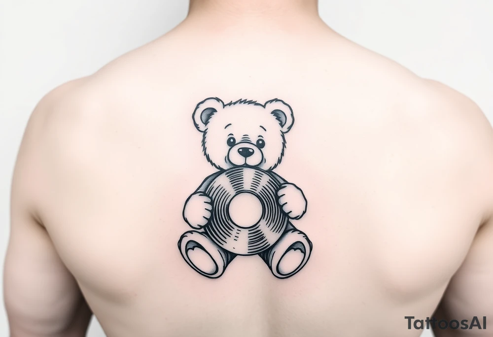 minimalist teddy bear holding a vinyl record tattoo idea