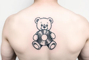 minimalist teddy bear holding a vinyl record tattoo idea