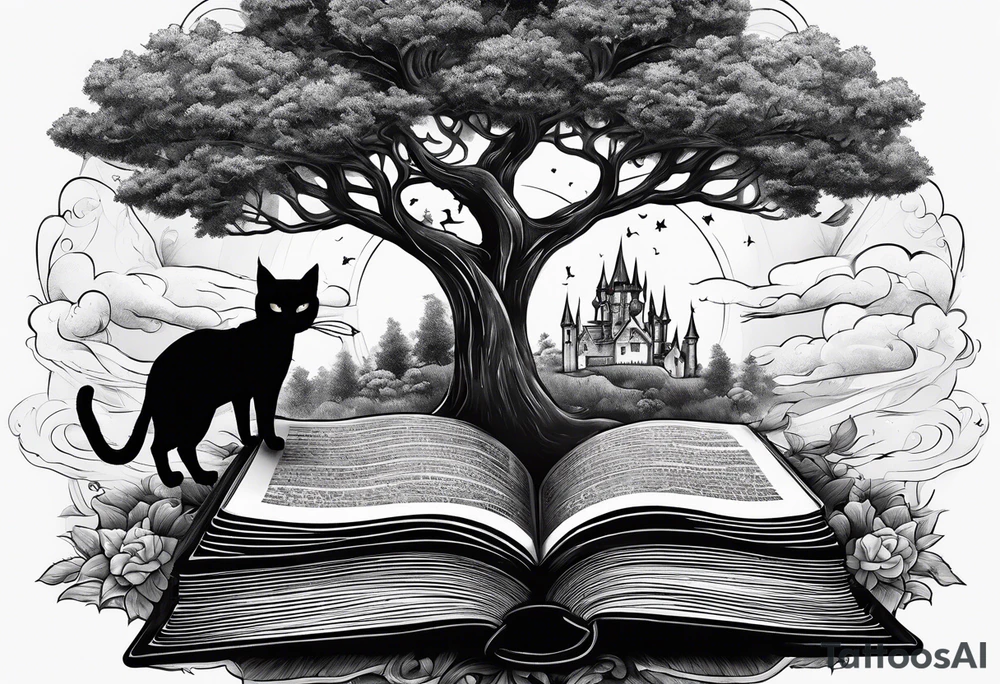 A dark fantasy vibe Four books stacked whimsically with the top book open with a black cat and and Tree coming out with a little start in the sky tattoo idea