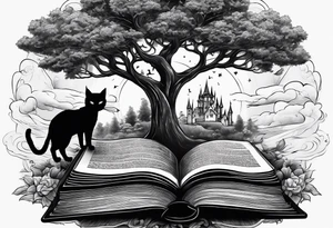 A dark fantasy vibe Four books stacked whimsically with the top book open with a black cat and and Tree coming out with a little start in the sky tattoo idea