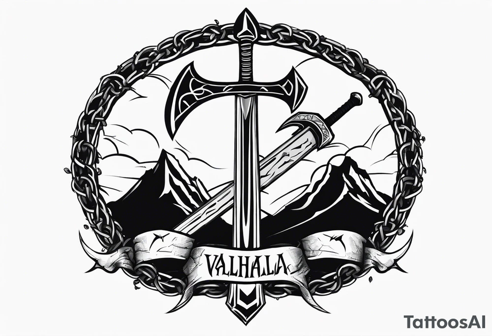 Valhalla sword round
shield axe barbed wire chains dark cloud lightning tattoo idea