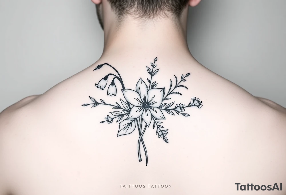 Minimalist design in black bouquet of flowers 1 lily of the valley 1 daffodil 1 holly 1 larkspur tattoo idea