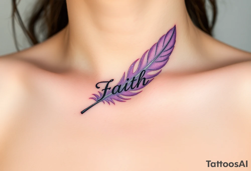 A lavender and silver feather with a subtle shimmer, carrying the word "Faith" tattoo idea